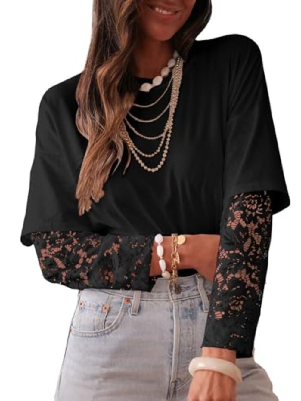 Long Sleeve Lace Patchwork Crew Neck Casual T-Shirt